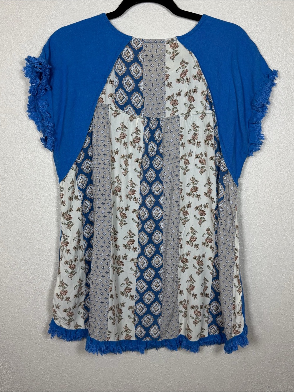 Linen Blend French Blue Floral Cottagecore Tunic Blouse Fringe M Boho Artisan